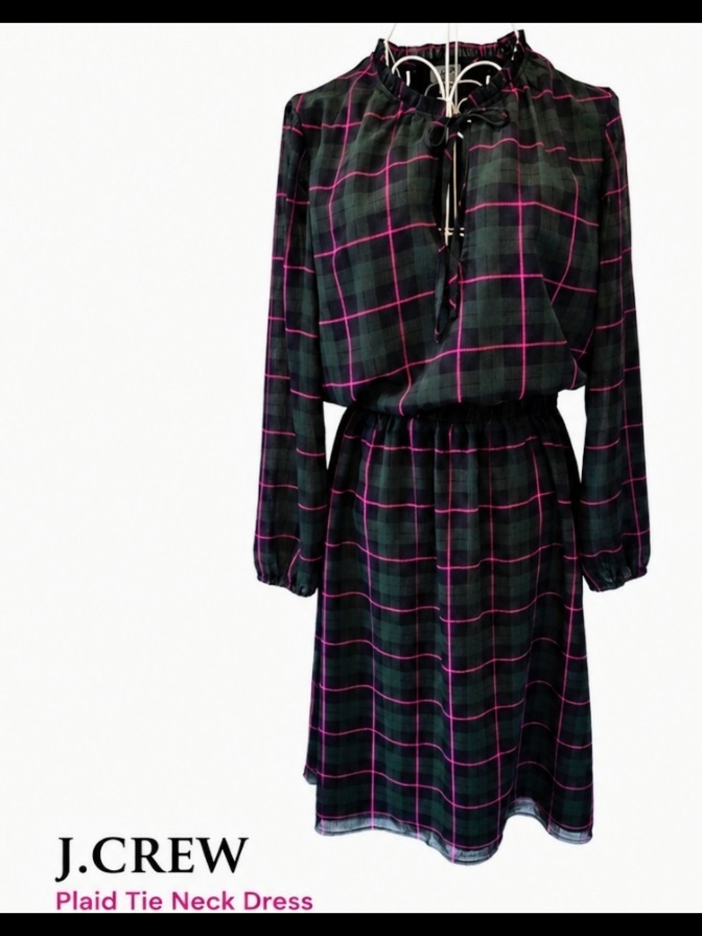 Holiday Office Party Ready J.Crew Black & Pink Plaid Tie-Neck Women's Dress